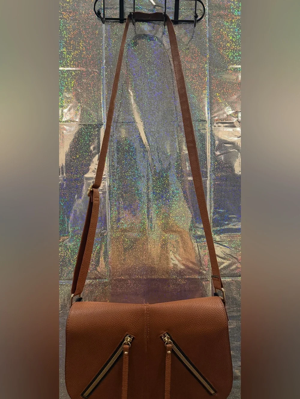 Primark Cognac Faux Leather Saddle Crossbody Bag Double Zip Accent
